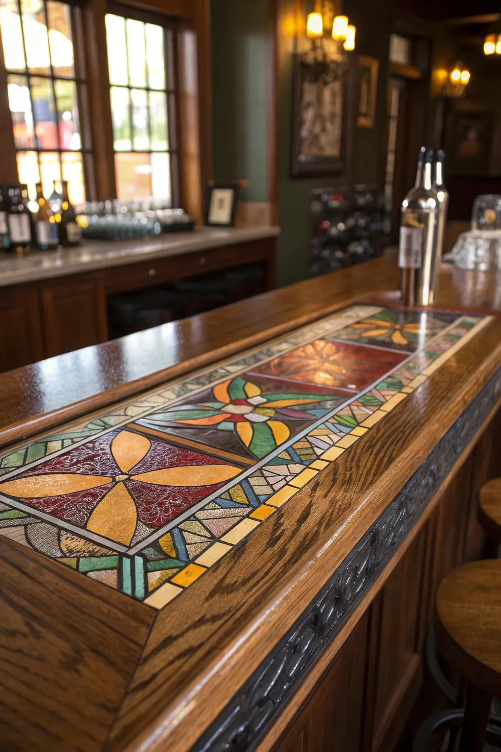 Illuminate your space with a handcrafted bar top featuring mesmerizing stained glass inlays.