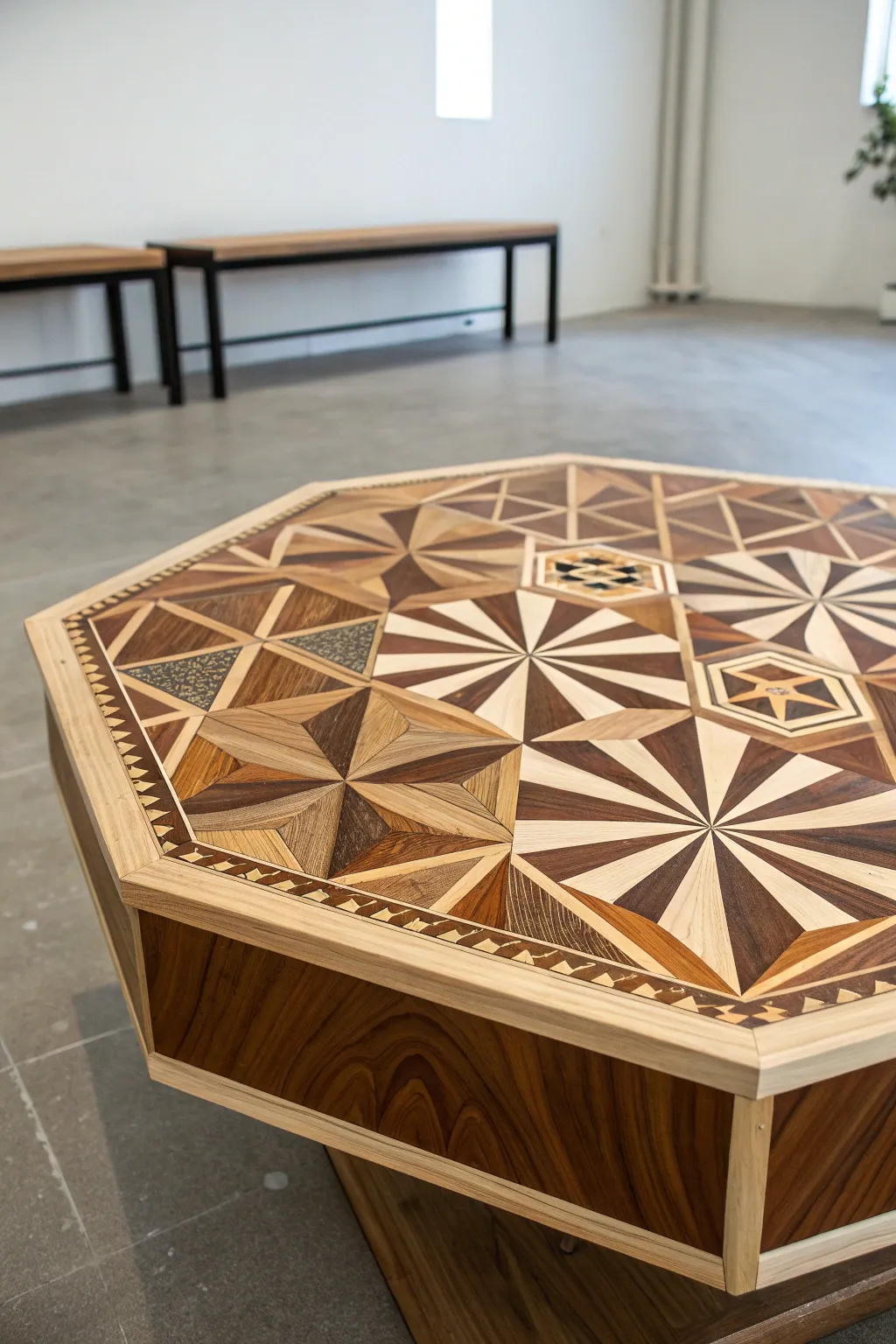 Elevate your space with a handcrafted geometric masterpiece: this wood coffee table blends artistry with functionality.