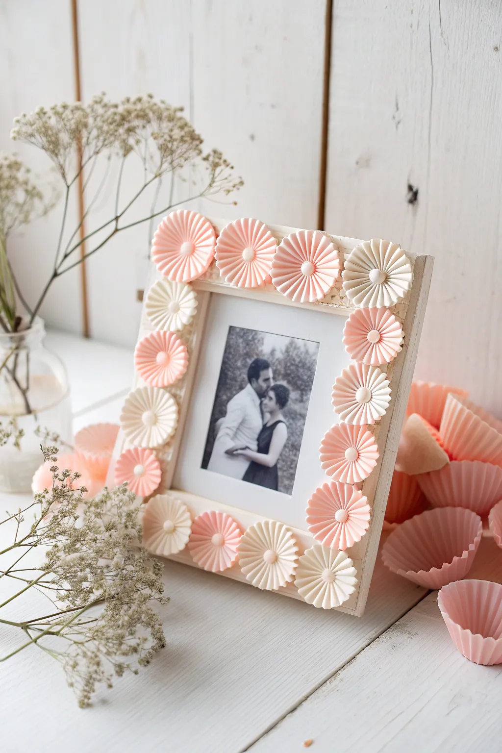 Celebrate cherished memories with a touch of handmade charm—cupcake liner flower frames for Mother's Day.