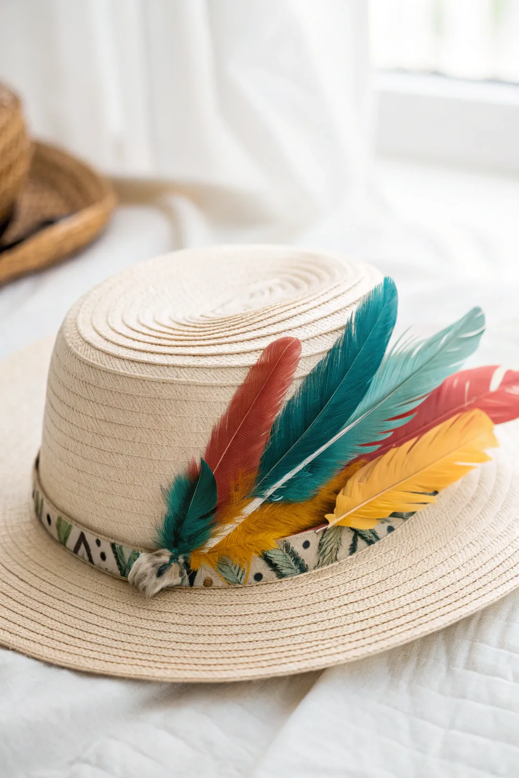 Elevate your style with a touch of fantasy — a feather-adorned hat for the perfect blend of minimalist elegance and boho charm.