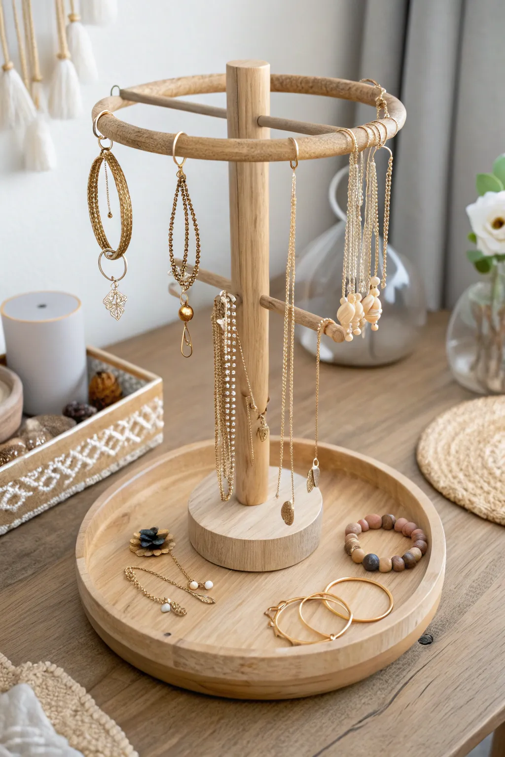 Elevate your jewelry showcase with a stunning rotating display that combines Scandinavian minimalism with boho elegance.