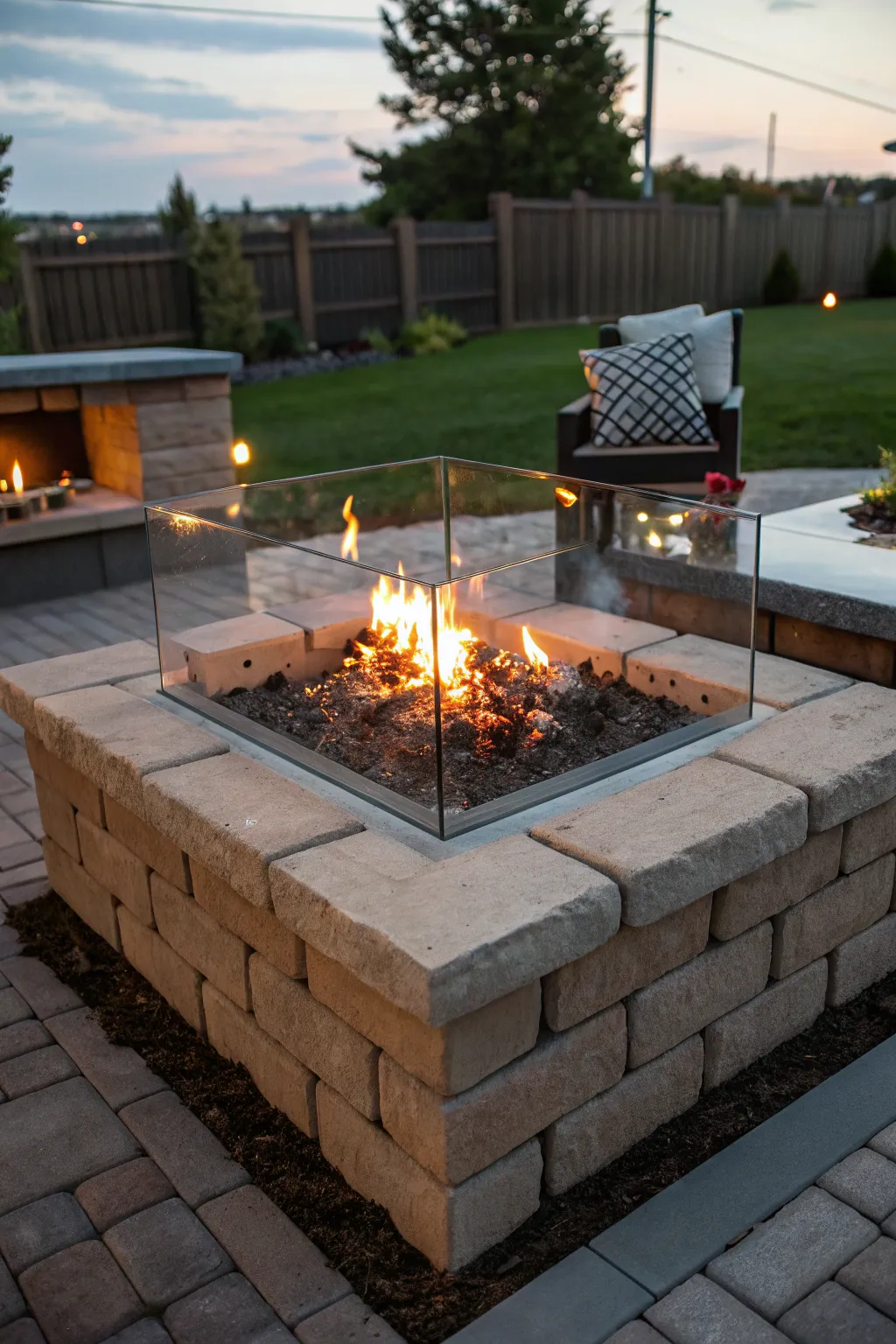 Stay warm and wind-free with this elegant square brick fire pit, featuring a stylish glass windshield.