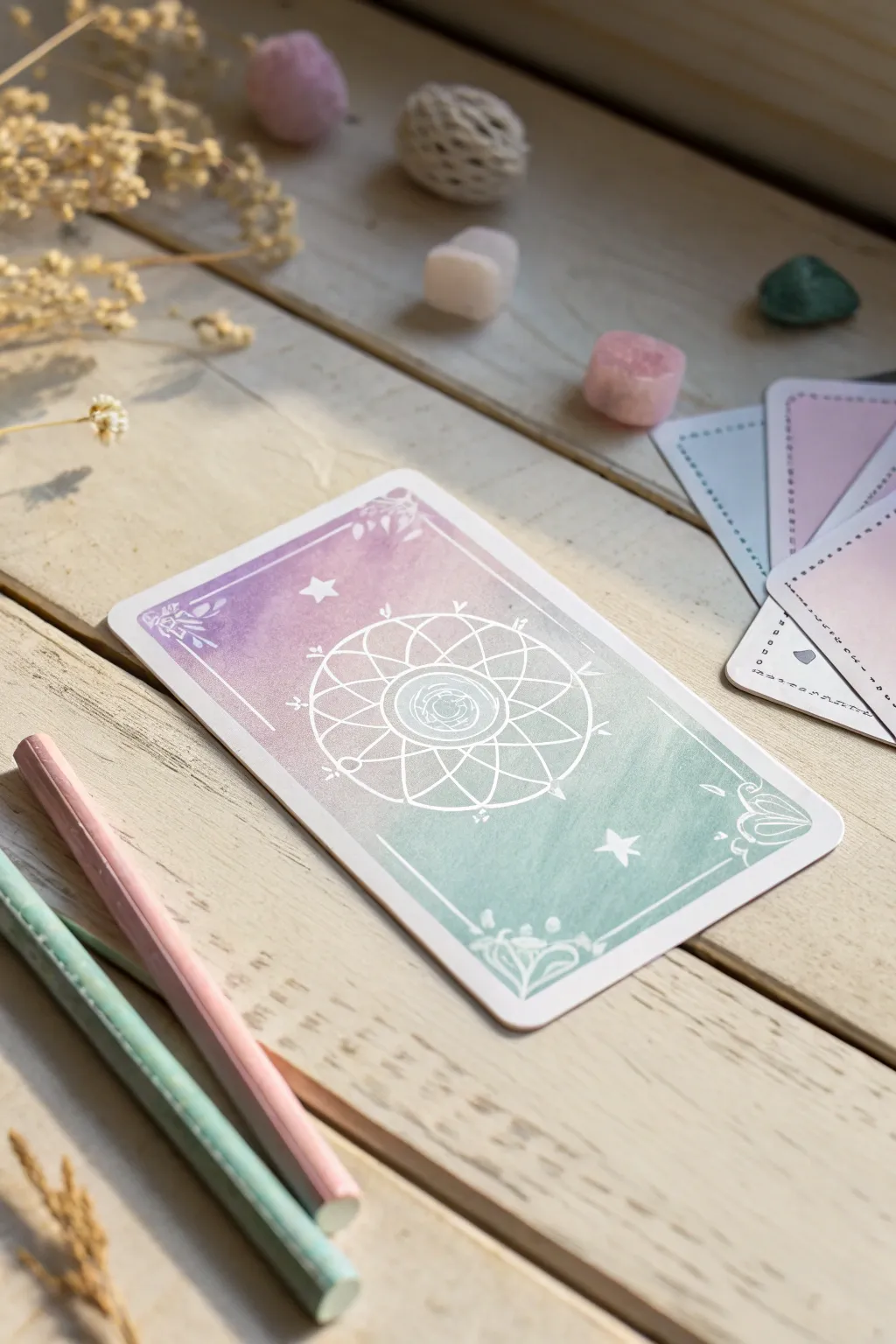 Embrace the ethereal charm of homemade tarot cards with the soft touch of chalk pastels.