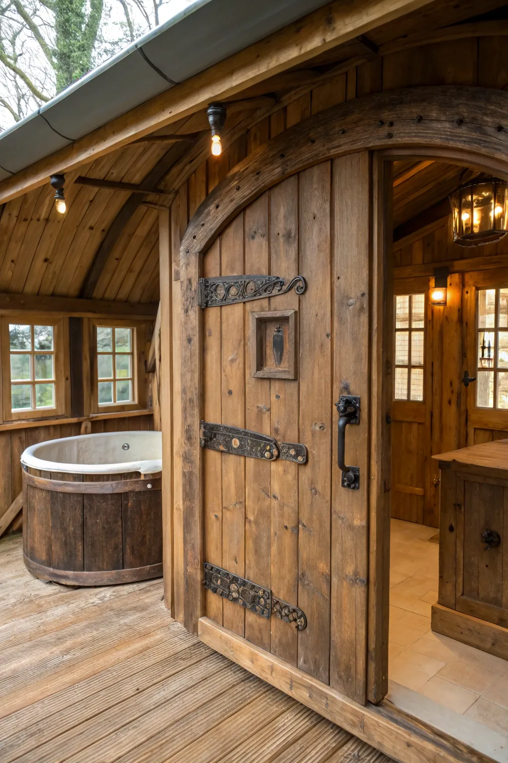 Step into nostalgia with this vintage-inspired hot tub shed, where craftsmanship meets timeless elegance.