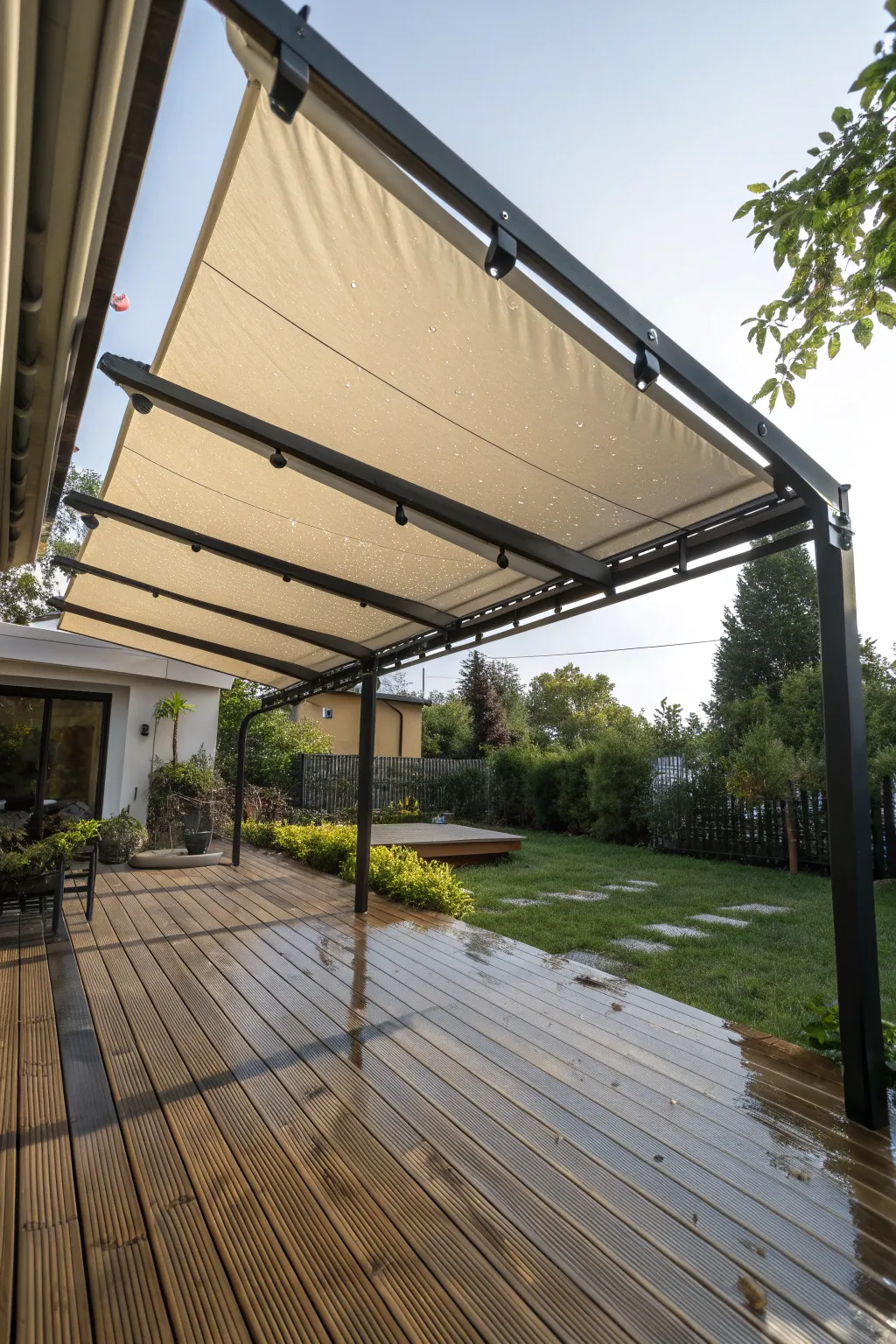 Experience outdoor comfort with a beautifully crafted retractable canopy that blends style with functionality.