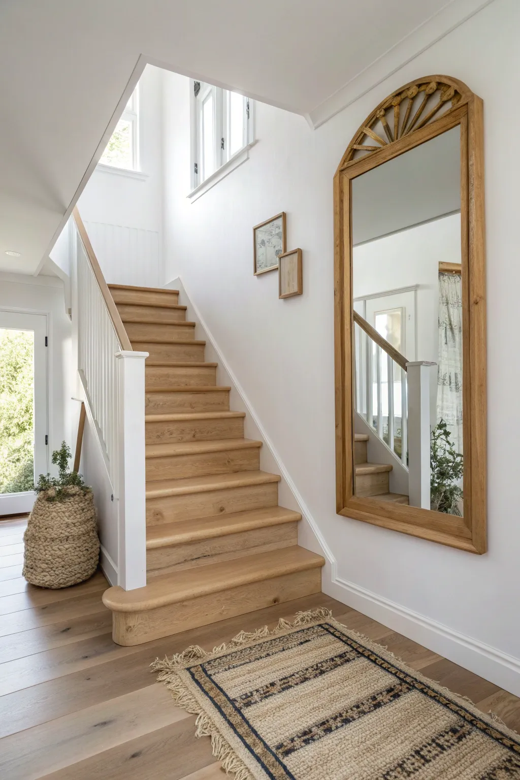 Brighten your stairway with a touch of elegance—mirrored accents create space and shine.