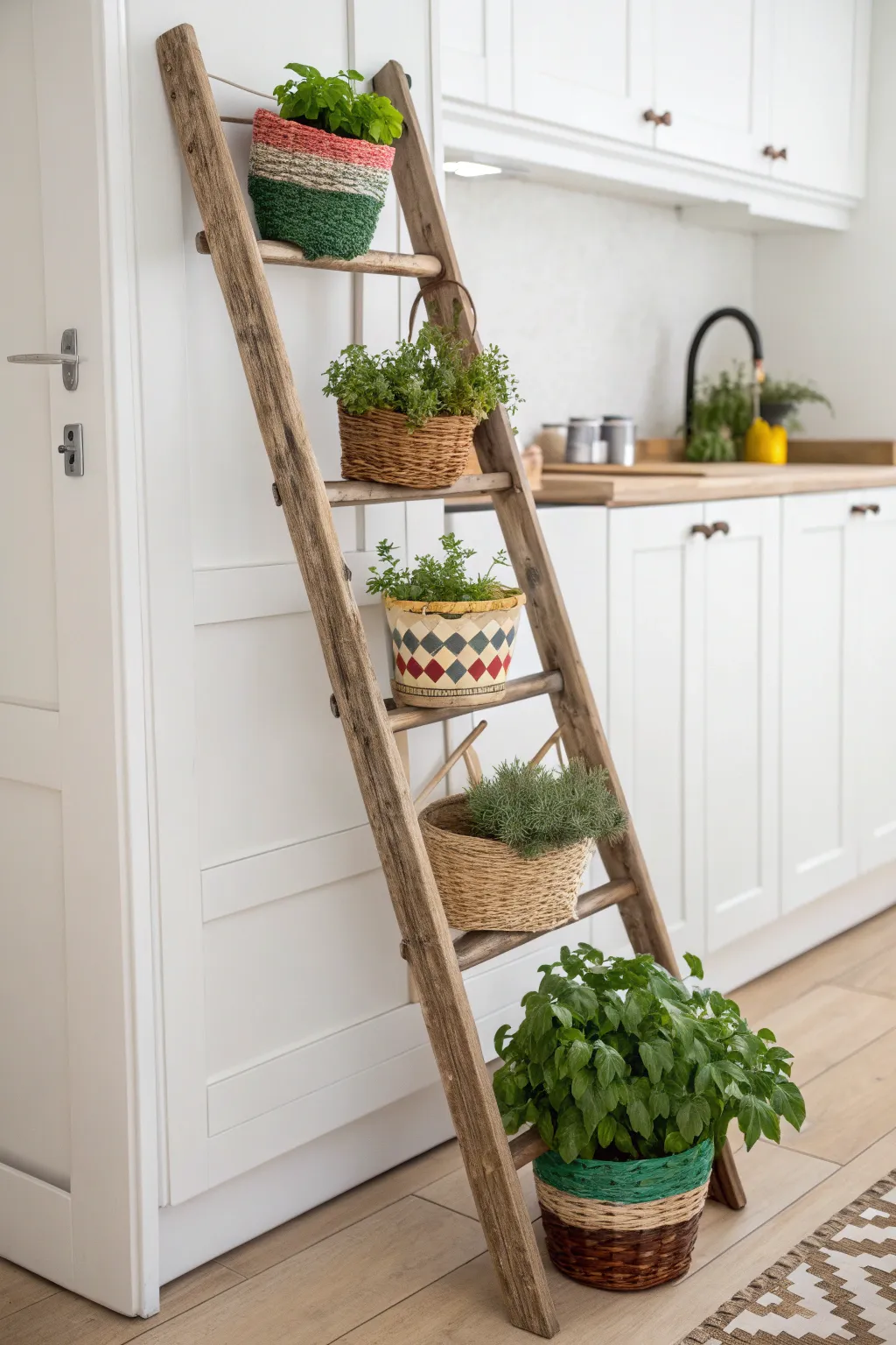 Elevate your kitchen space with rustic elegance: A ladder transformed into a charming herb and spice display.