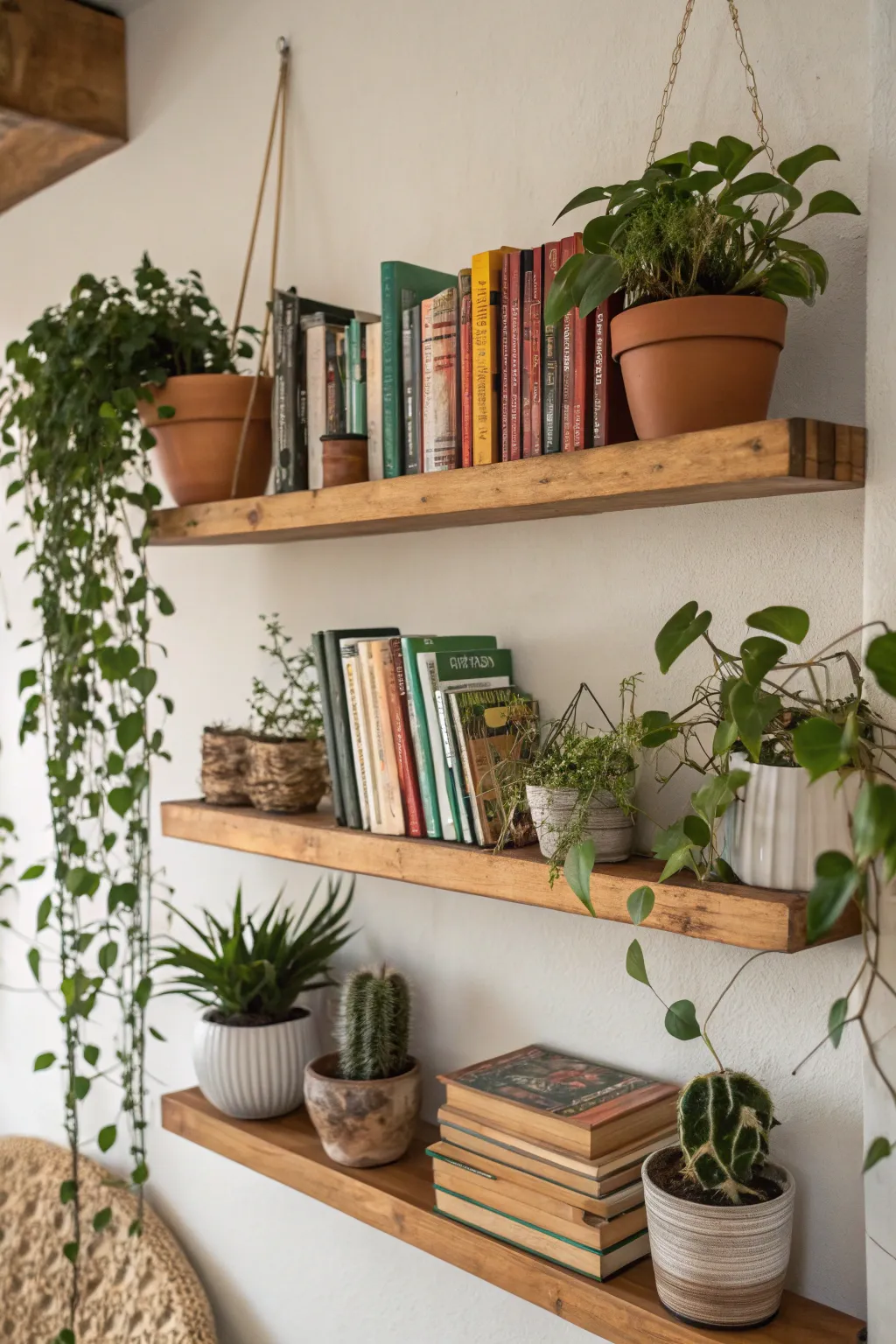 Floating shelves offer stylish storage solutions.