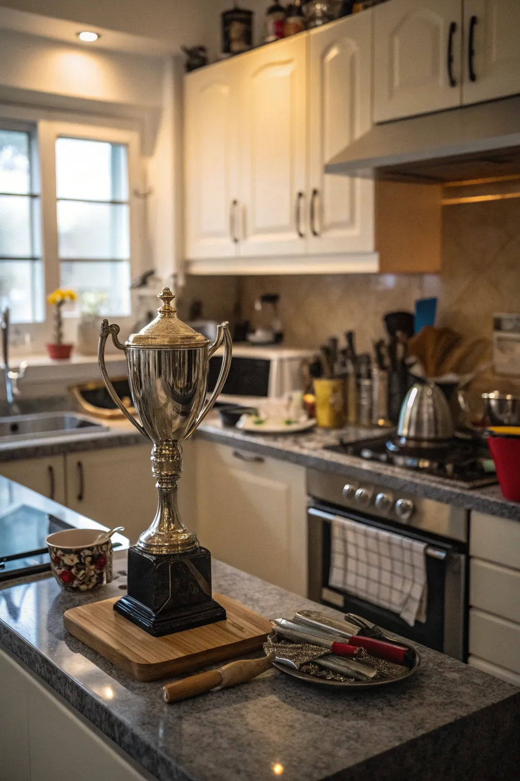 A trophy displayed unexpectedly in a kitchen setting.