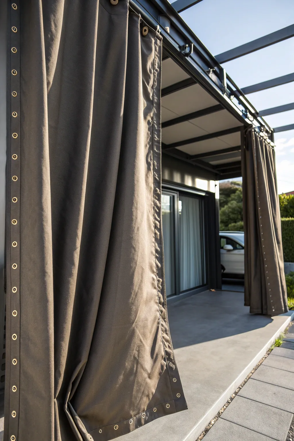 Transform your carport with rugged canvas curtains – a perfect blend of function and style.