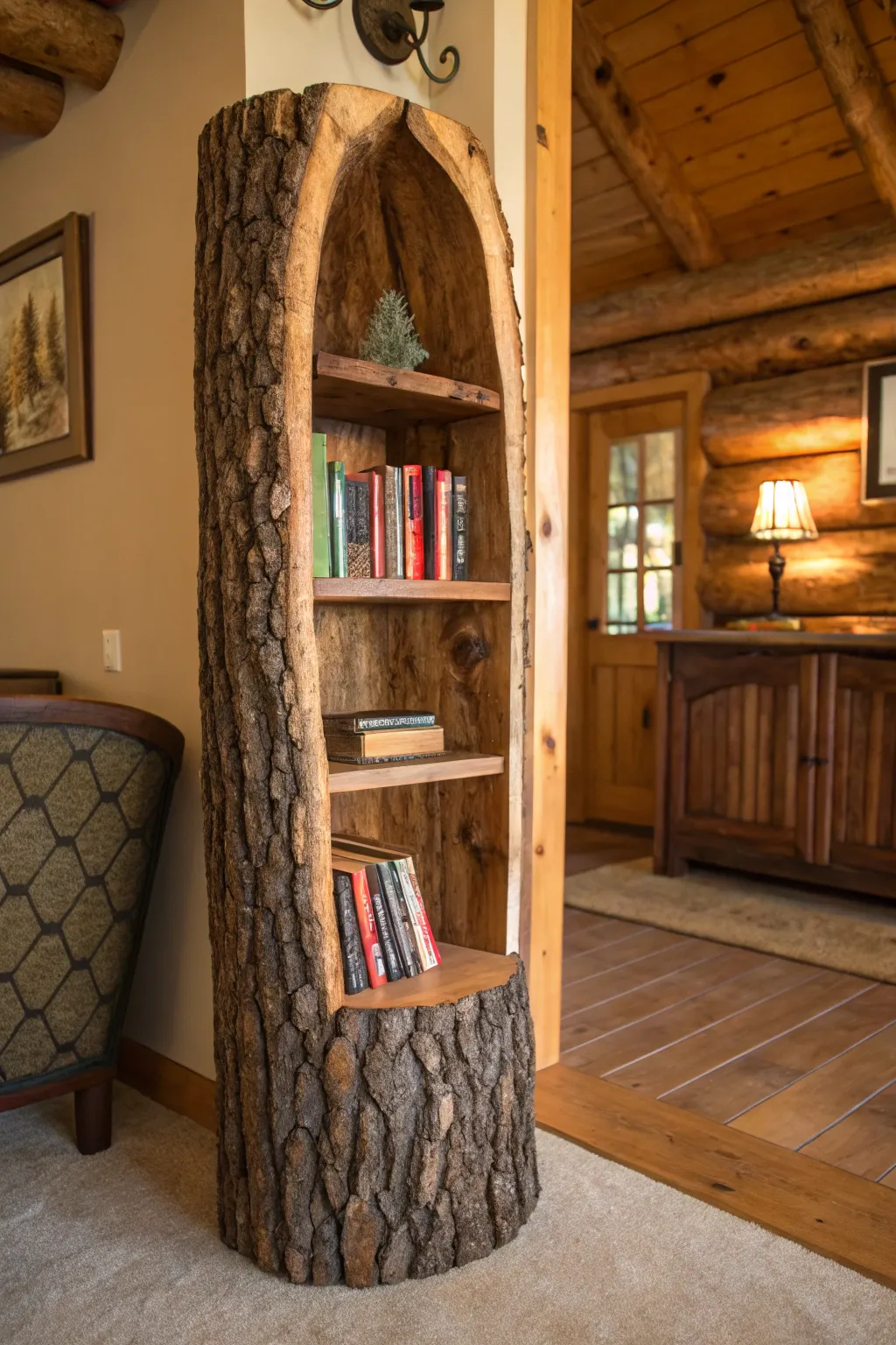 Nature meets literature: A hollowed log bookshelf that brings the outdoors in.