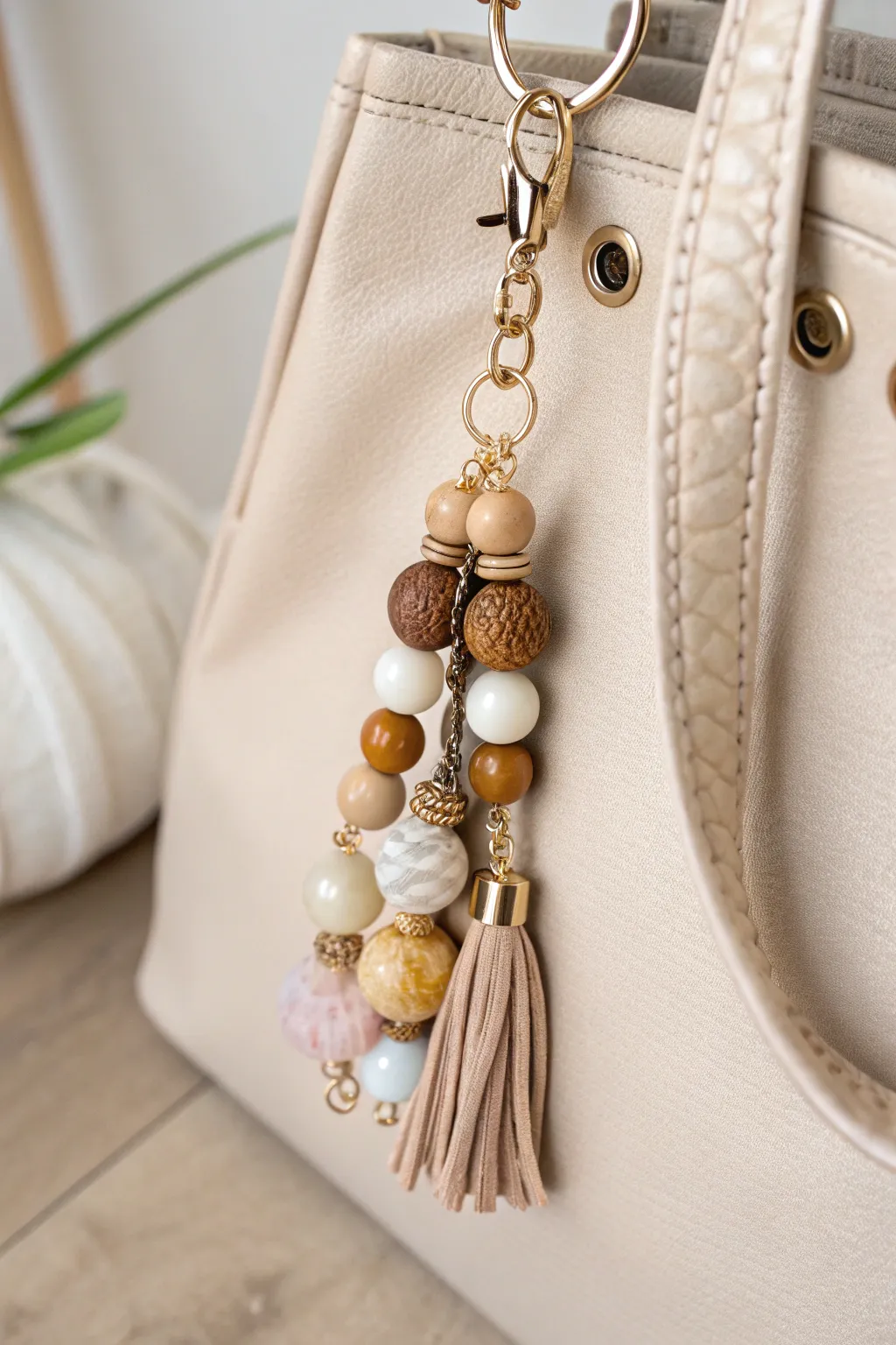 Elevate your handbag with a unique beaded charm – a perfect blend of simplicity and artistry.