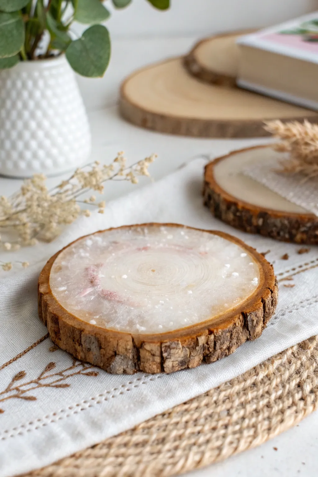 Embrace the beauty of nature with these handcrafted wood and resin coasters.