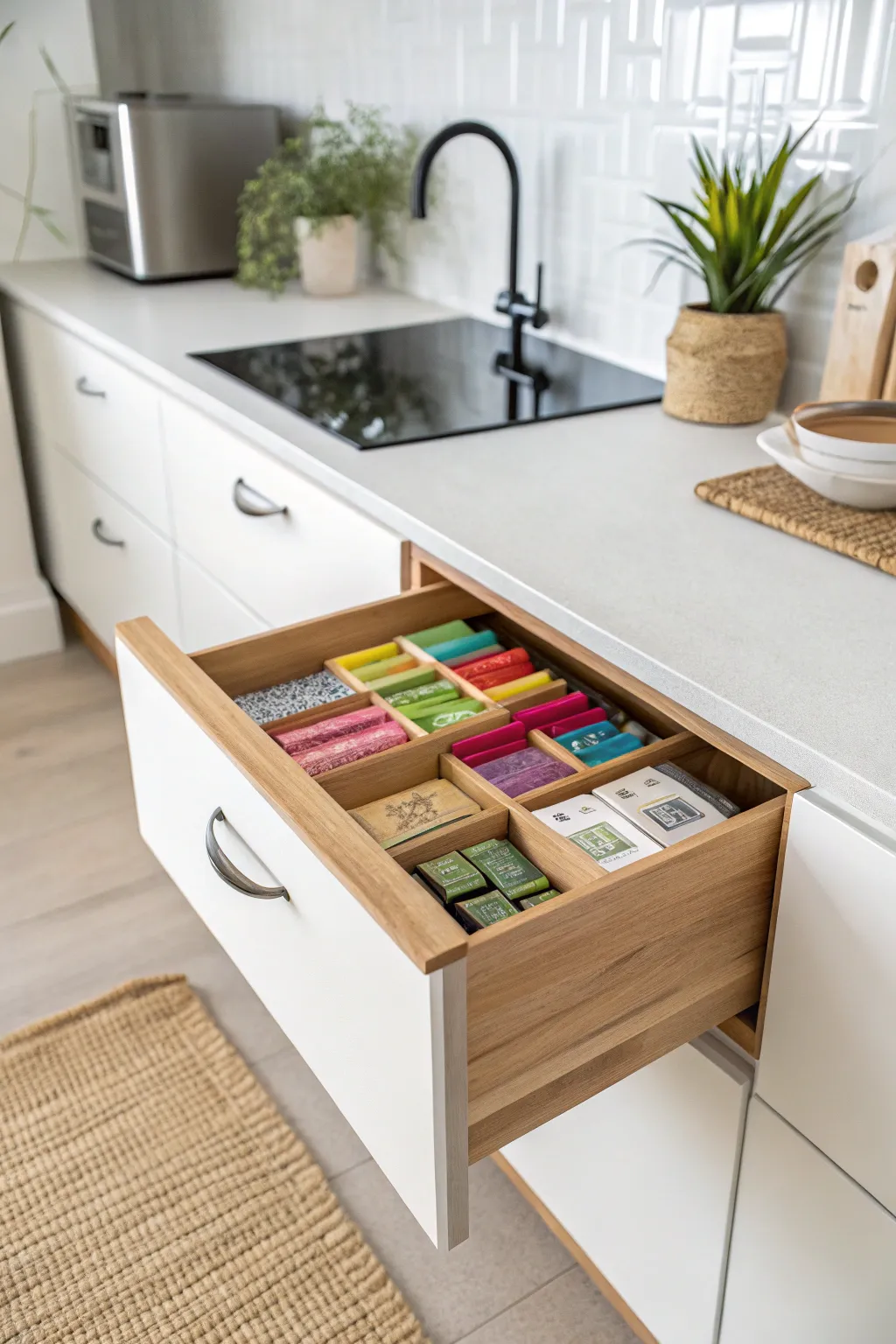 Elevate your tea organization with this chic under-cabinet drawer solution, blending minimalist design with practical elegance.