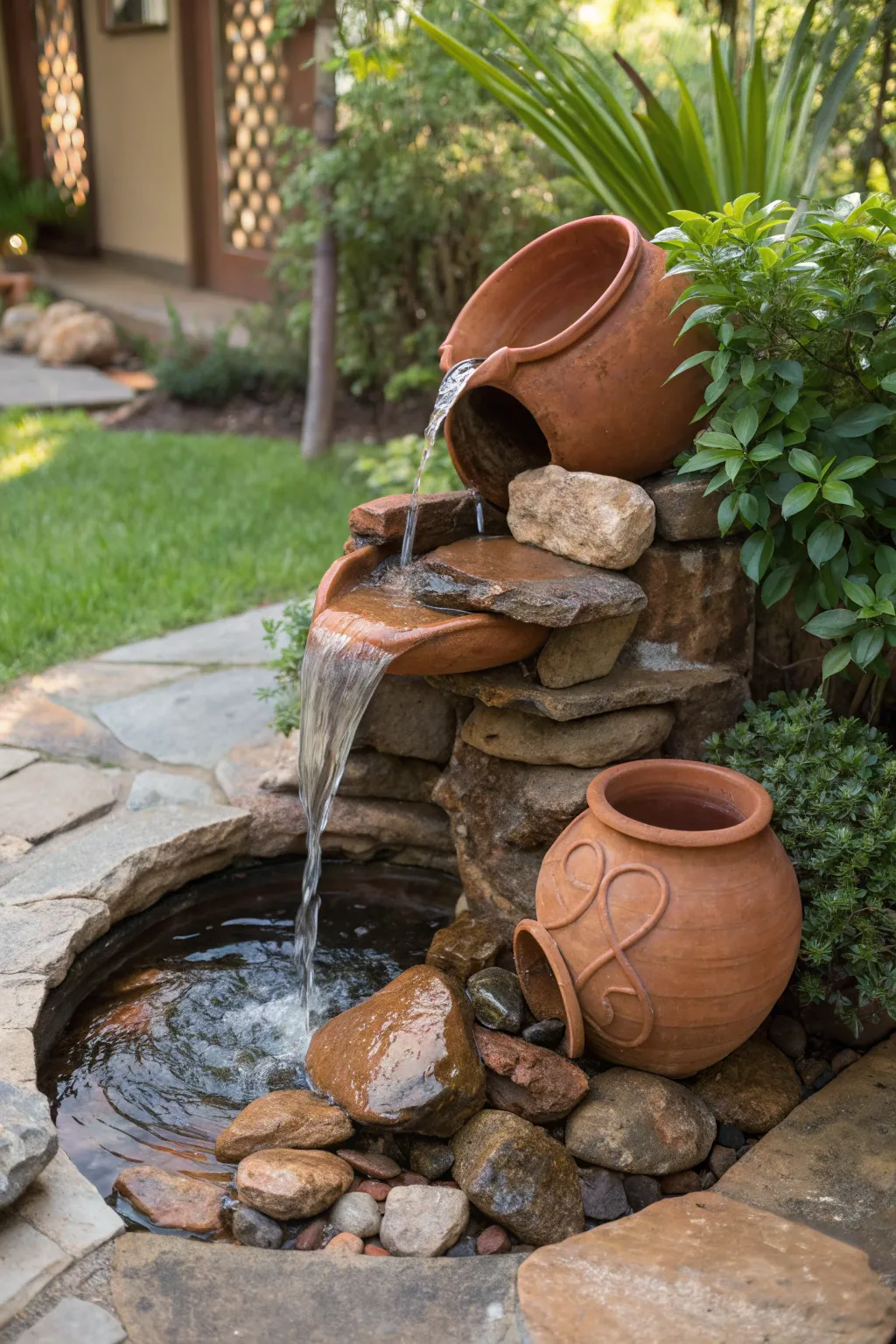 Transform broken clay pots into a serene garden water feature, where simplicity meets natural beauty.