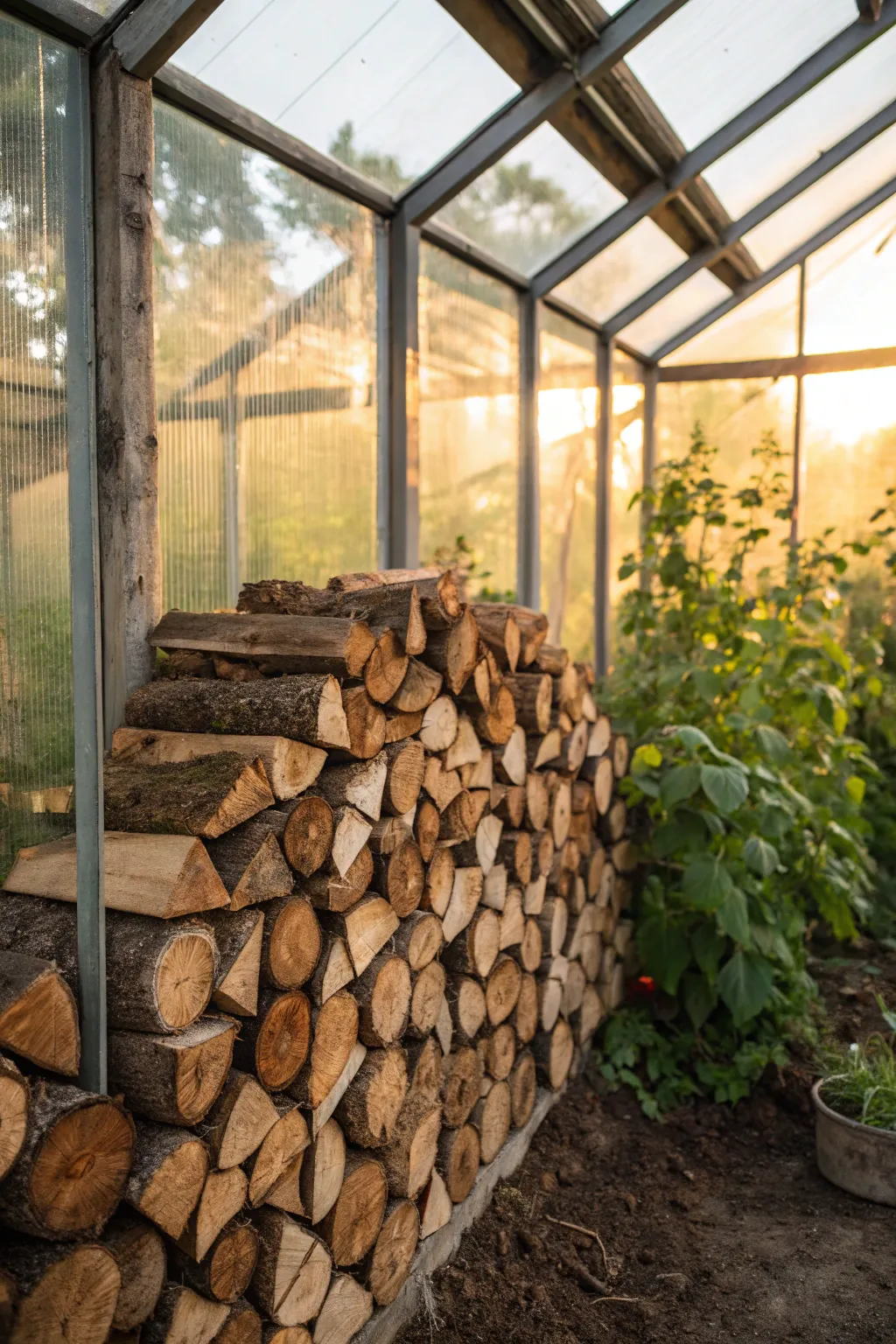 Harness the sun's warmth: Perfectly dry firewood stored in a greenhouse.