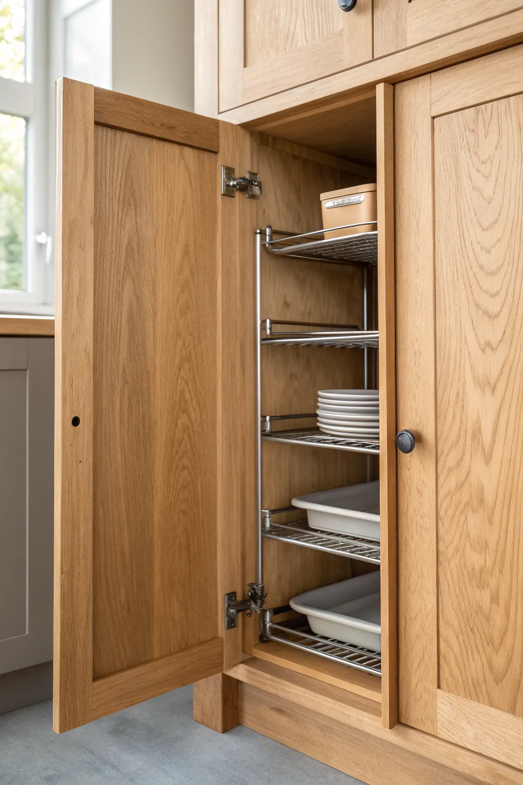 Maximize your kitchen space with a chic and practical cabinet door rack for your baking sheets.