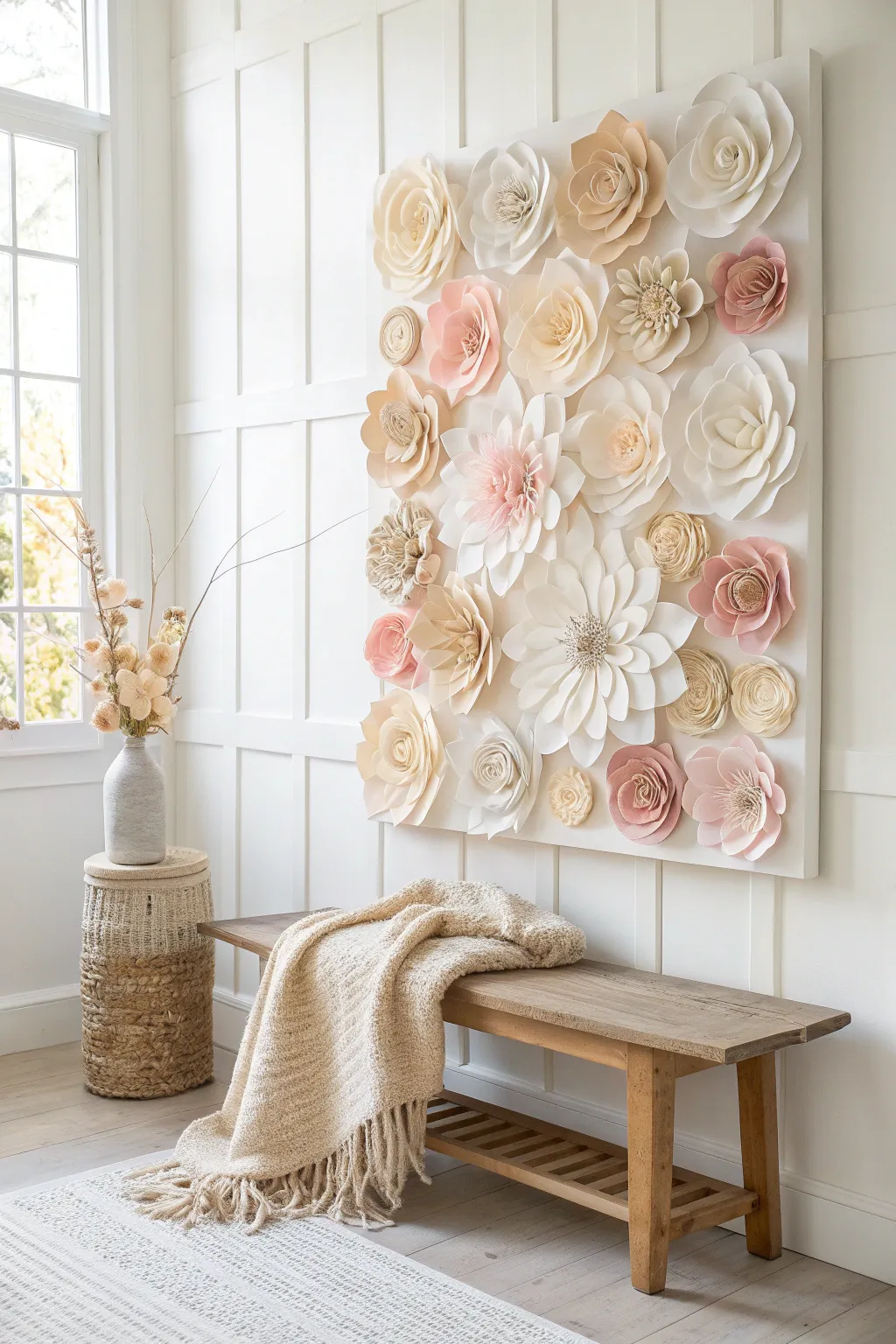 Transform your space with a DIY flower wall that doubles as art and storage. #ScandiBoho #CraftedBeauty