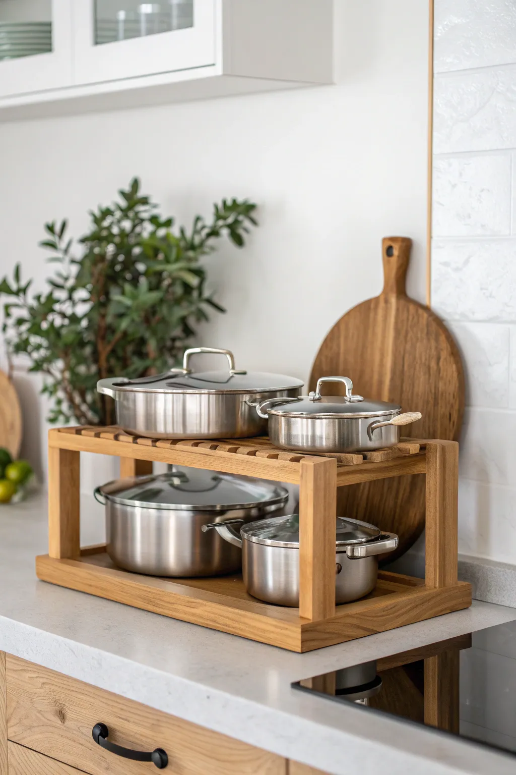 Maximize kitchen space with style: Discover the elegance of lid storage on a minimalist pot rack.