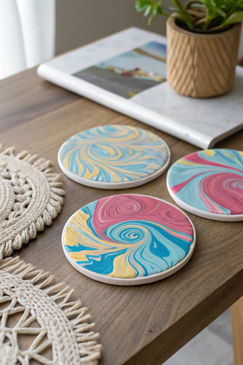 Transform your tabletops into a gallery with these hydro-dipped pop art coasters, where simplicity meets vibrant creativity.