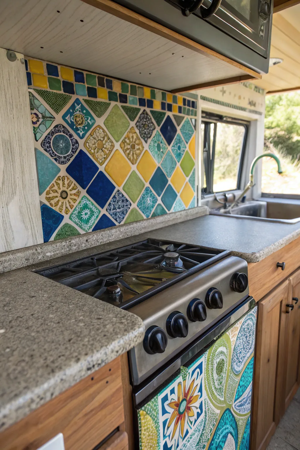 Transform your camper kitchen with vibrant, handcrafted backsplash tiles. A touch of artistry on the road!