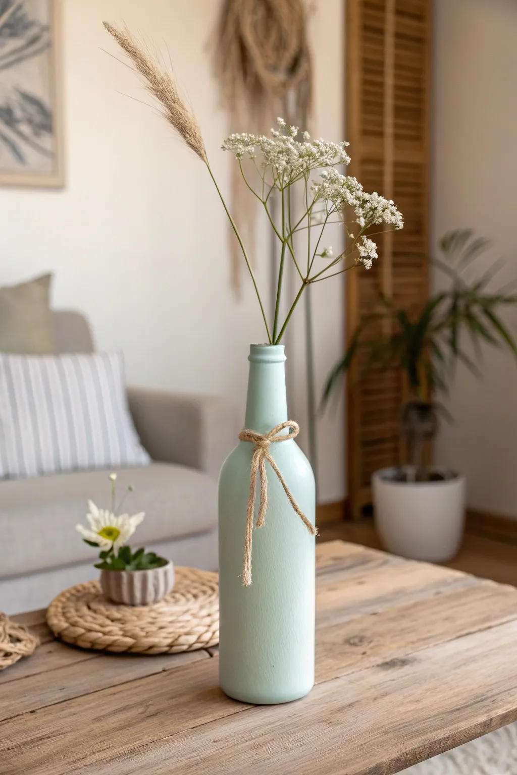 Embrace simplicity and elegance with a recycled glass bottle vase, perfect for a touch of natural beauty in any minimalist space.