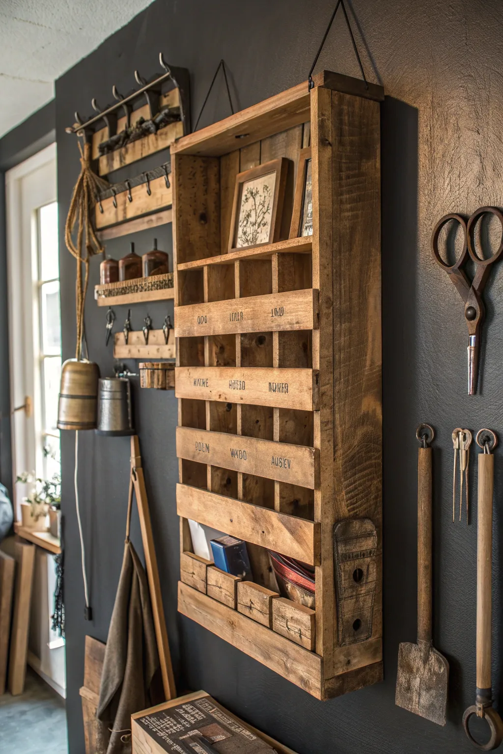 Transform your space with this rugged yet refined upcycled pallet organizer—where craftsmanship meets sustainability.
