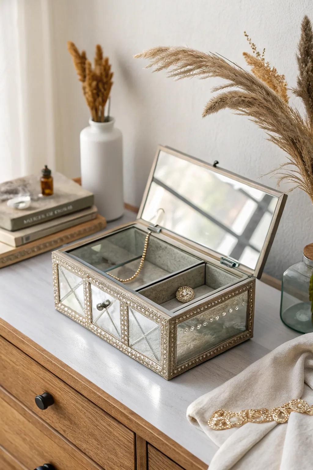 Elevate your space with a touch of glamour: a mirrored jewelry box that dazzles with minimalist elegance.