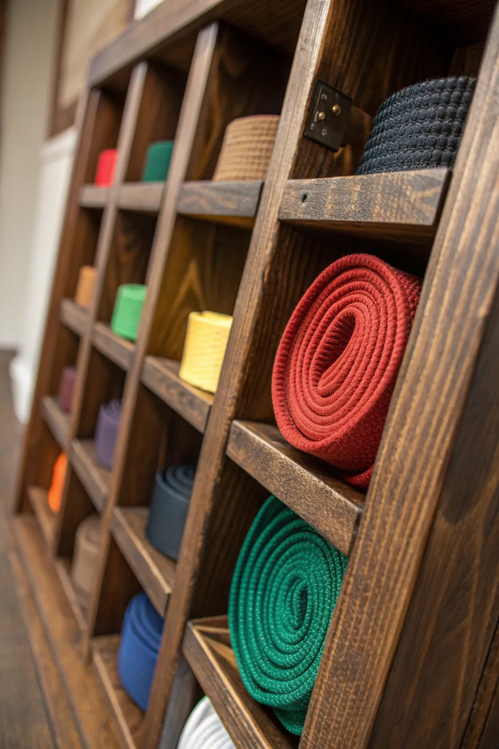 Transform your space with a handcrafted bookcase belt holder – where style meets functionality in martial arts elegance.