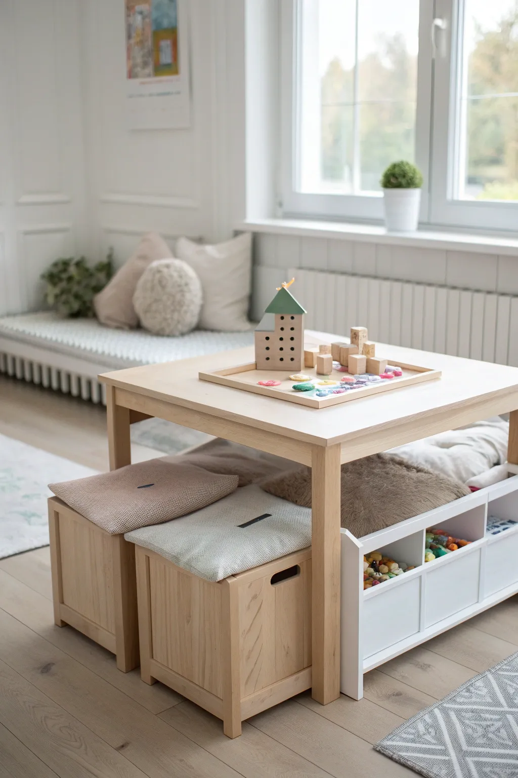 Where creativity meets simplicity: A minimalist craft table for little builders.