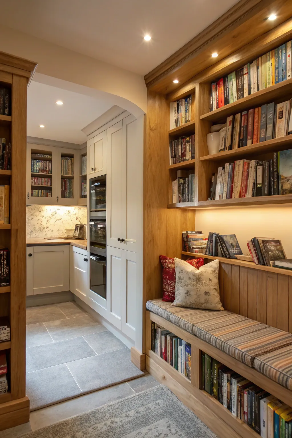 A mini library adds a cozy, personal touch to this kitchen alcove.