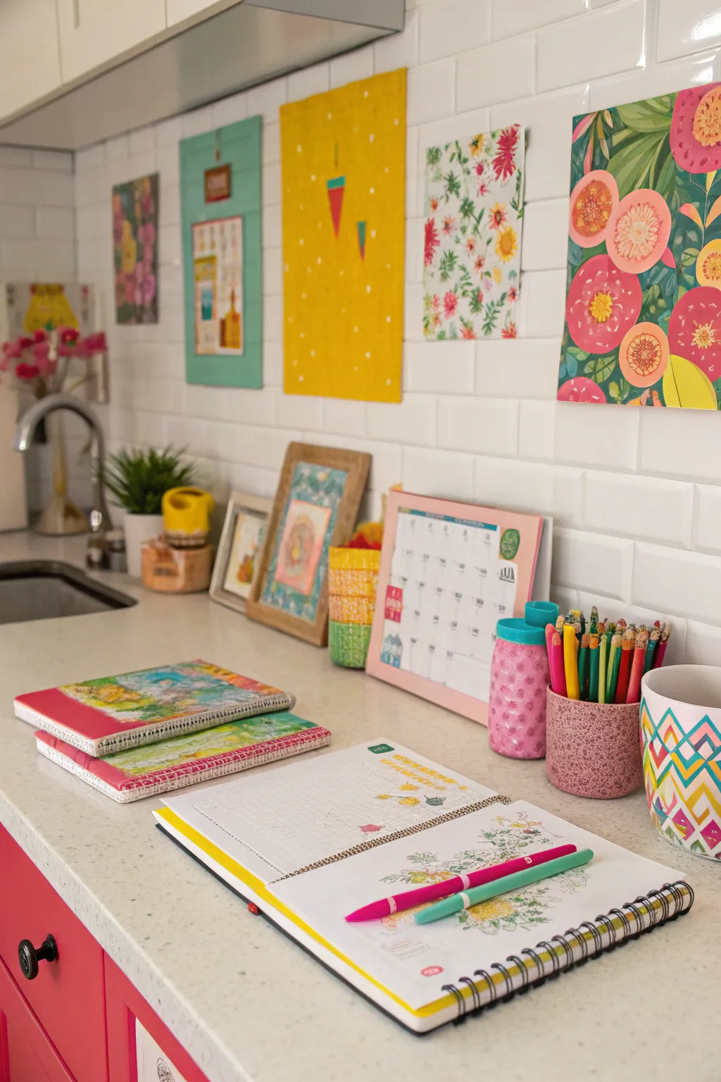 Vibrant accents bring energy to the kitchen desk area.