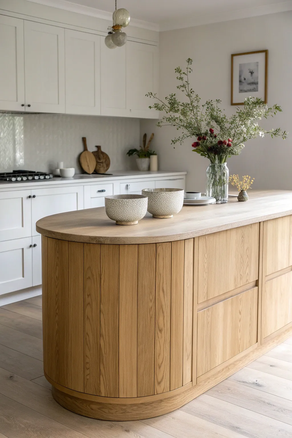 Elevate your kitchen's charm with a wraparound counter island, where simplicity meets natural beauty.