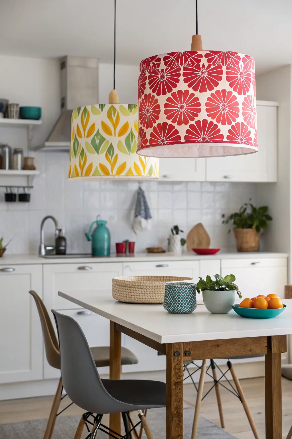 Bold lamp shades make a statement in kitchen design.