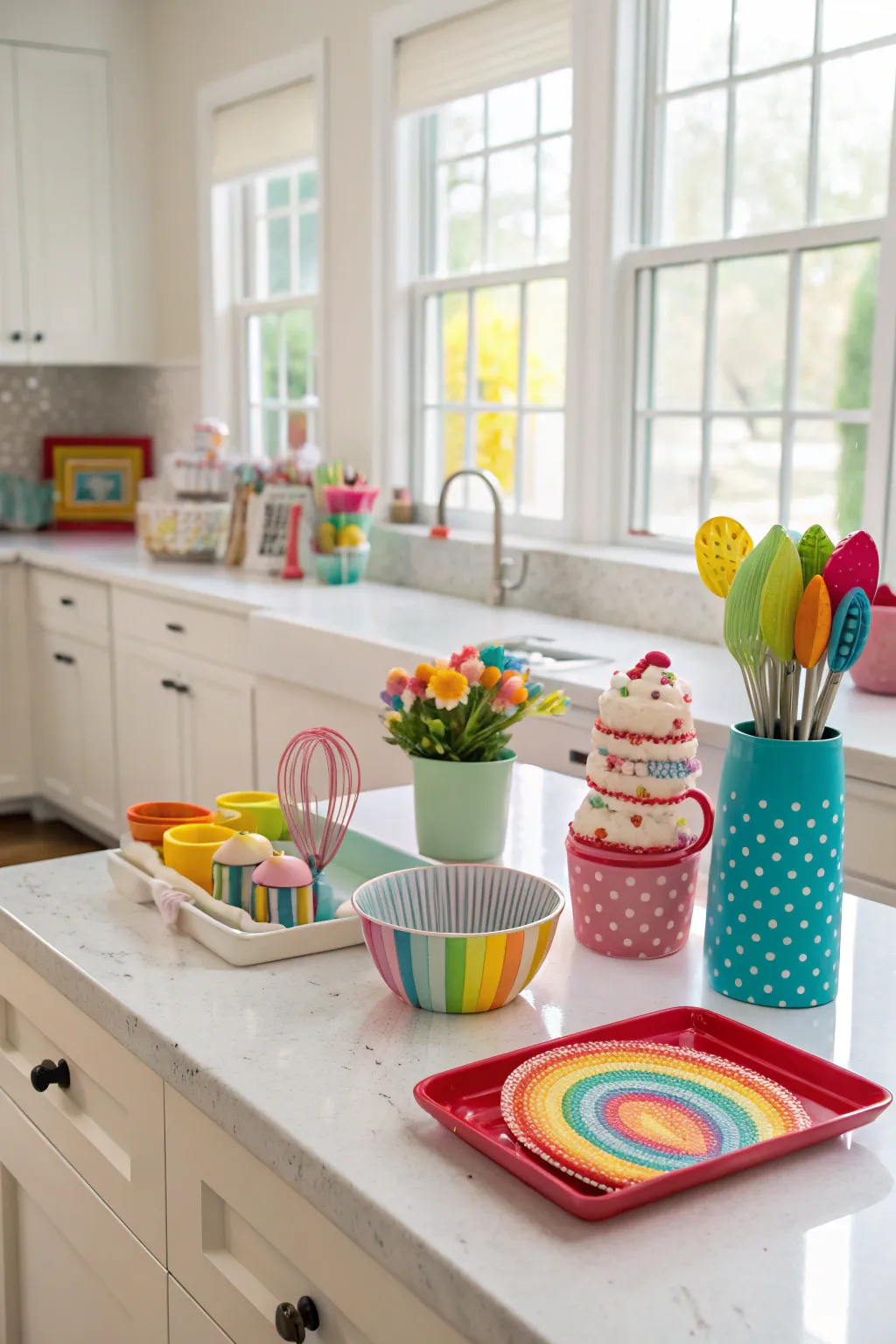 Vibrant accessories add a playful pop of color to the kitchen with white countertops.