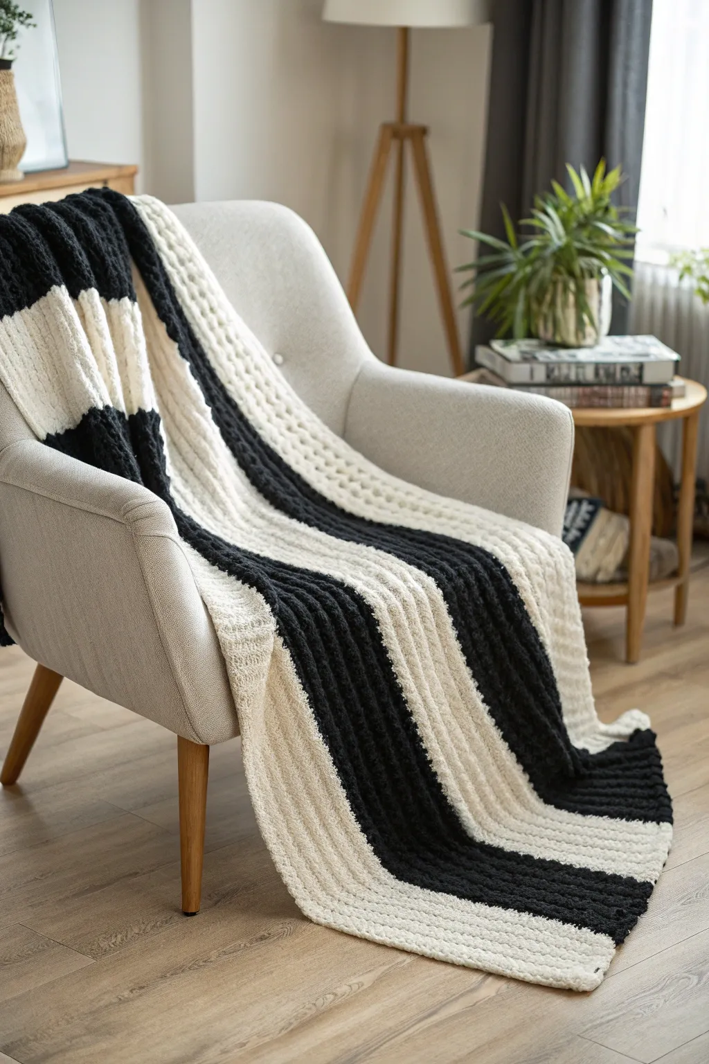 Elevate your space with a chic two-tone knit blanket that blends minimalist design with boho charm.