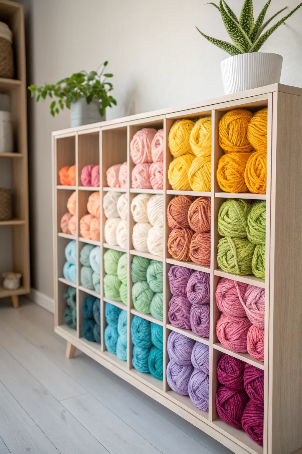 Transform your craft room into a rainbow dream with this stunning yarn storage idea. Organize by color for a burst of creativity and style!