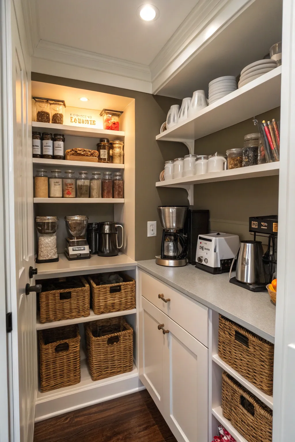 A cozy coffee station within an L-shaped pantry, perfect for coffee enthusiasts.