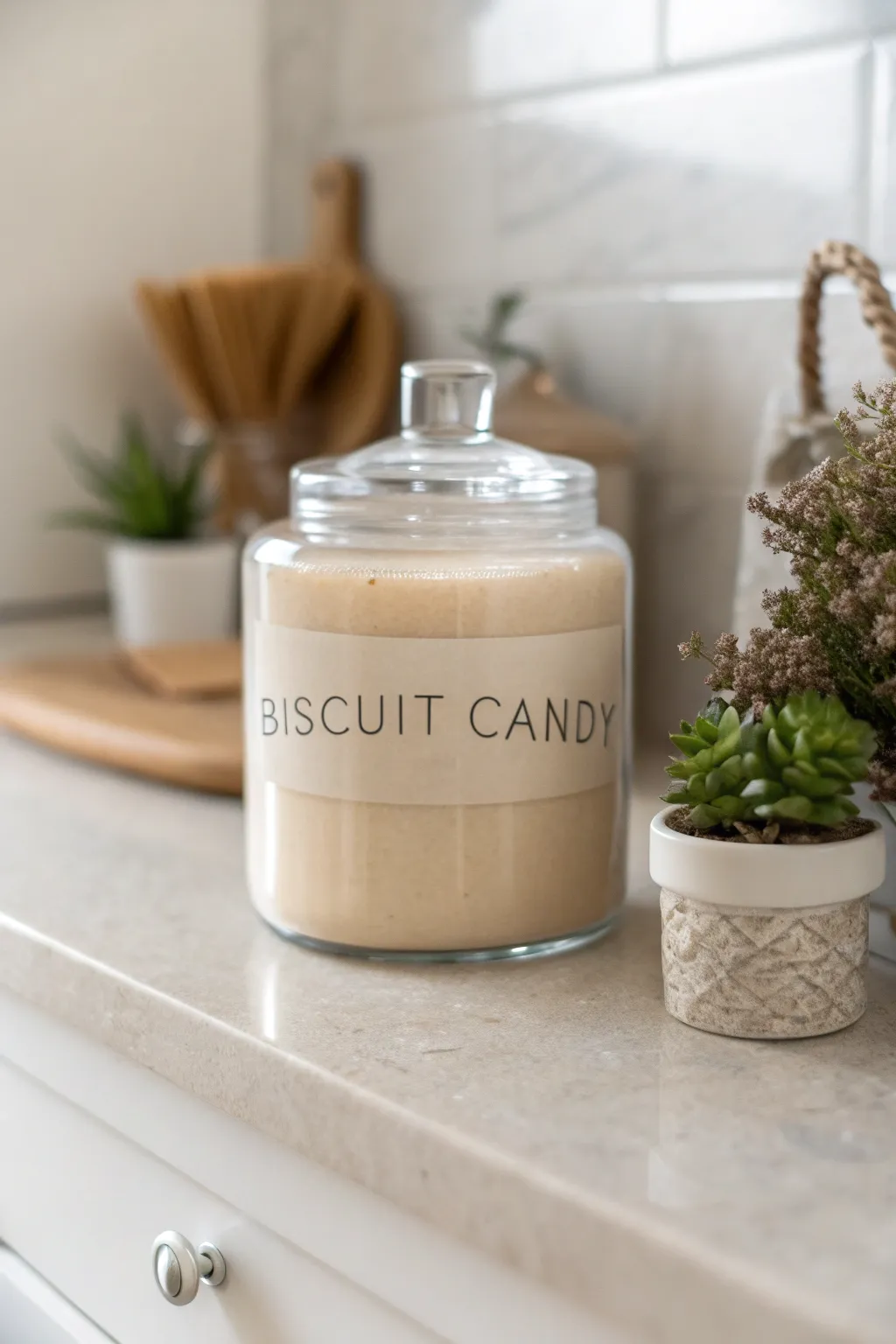 Transform your peanut butter into a sweet surprise with the whimsical 'Biscuit Candy' label.