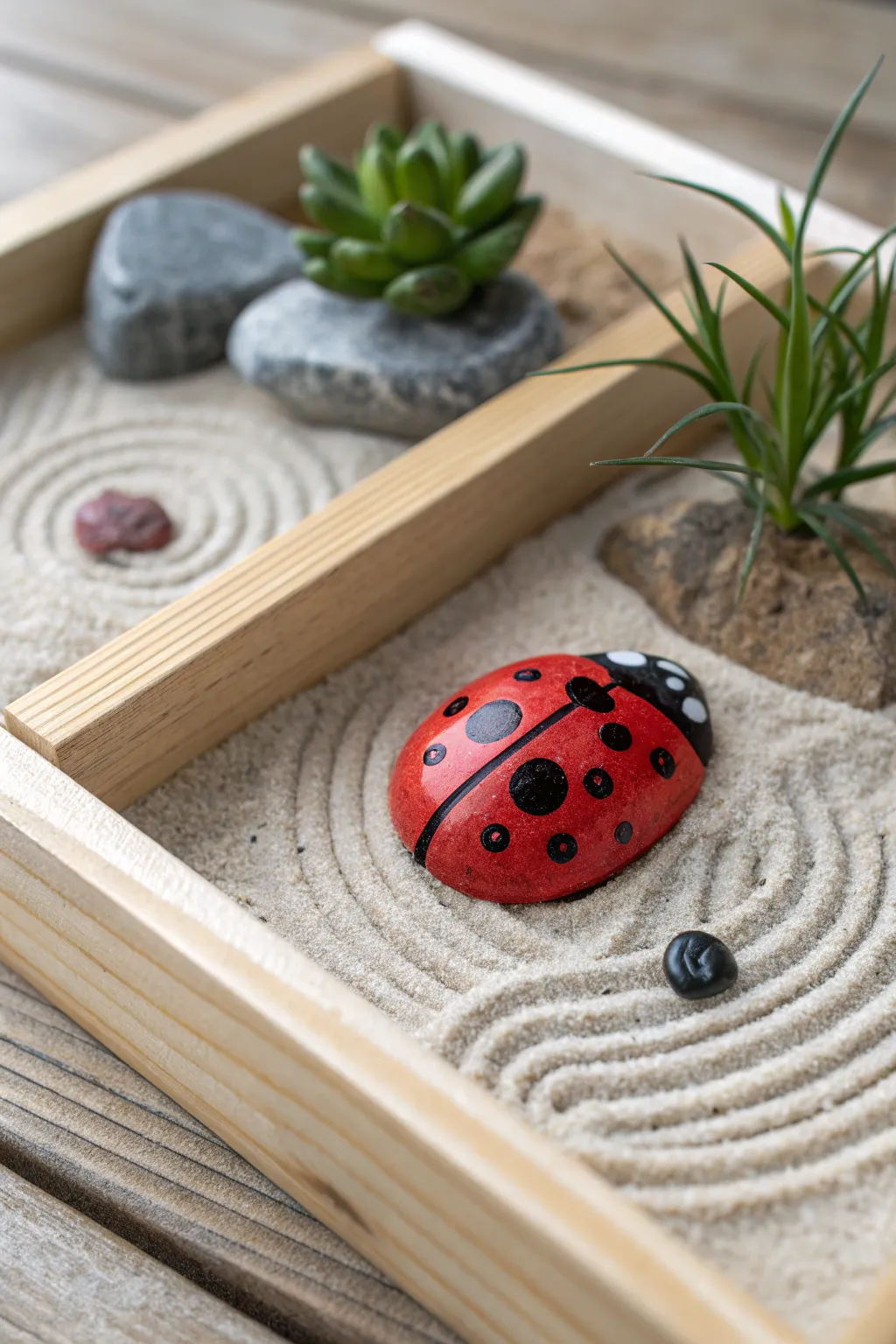 Invite a playful serenity into your space with a ladybug rock zen garden.