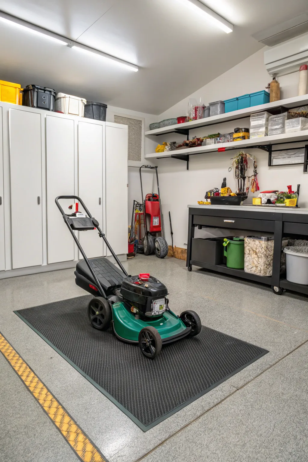 Basement storage keeping a lawn mower safe and ready for spring.