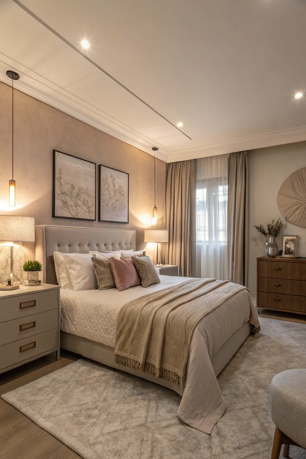 A sophisticated bedroom with soft taupe walls and modern decor.