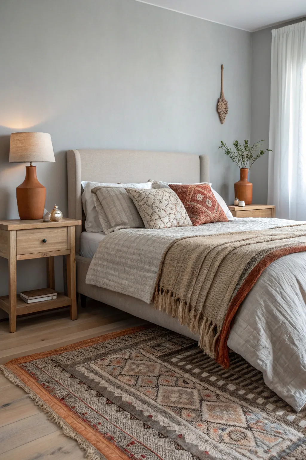Earthy tones bring warmth and balance to a light gray bedroom. 🍂 #EarthyVibes #WarmContrast #InteriorIdeas