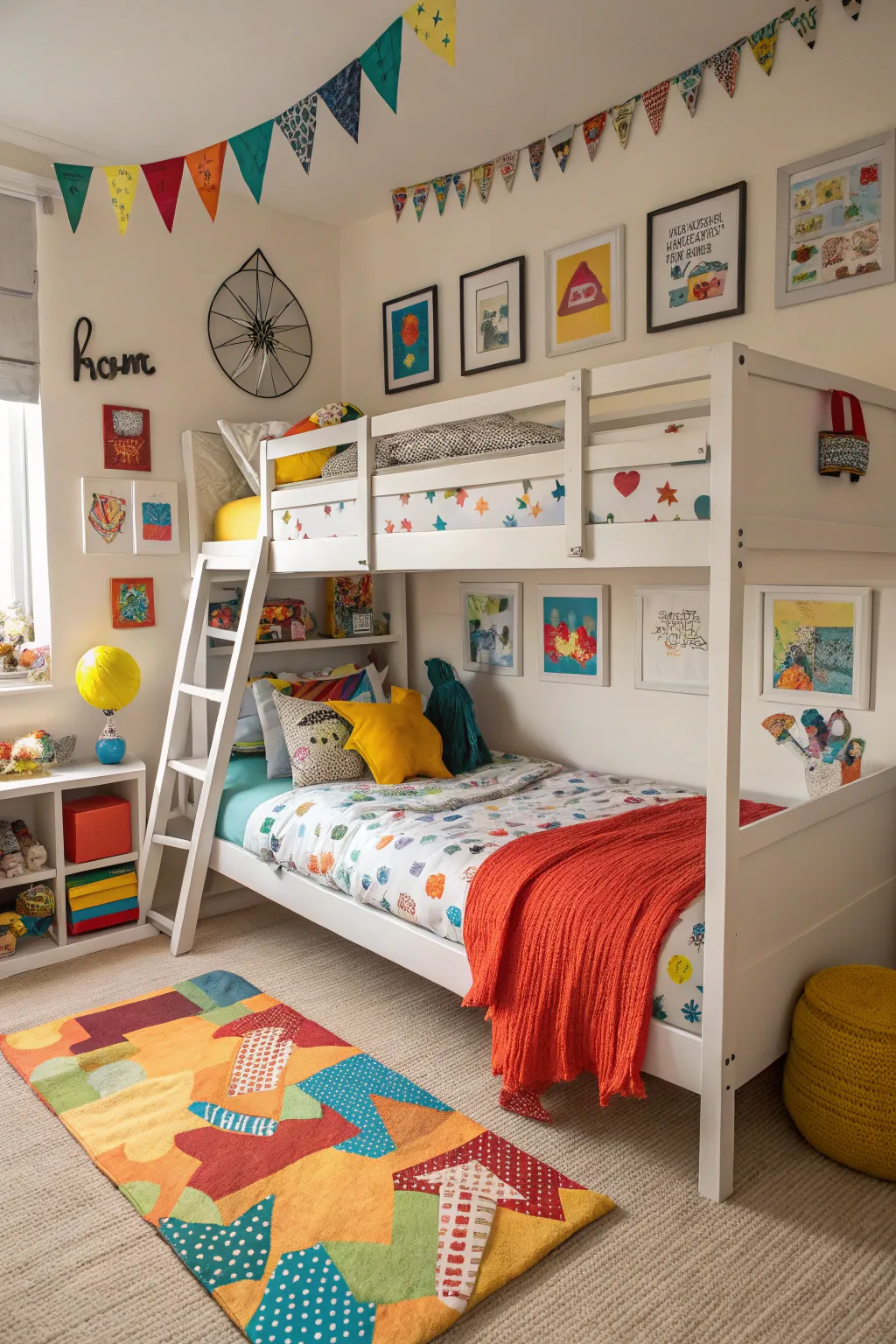 Colorful creativity enlivens this loft bed setup.
