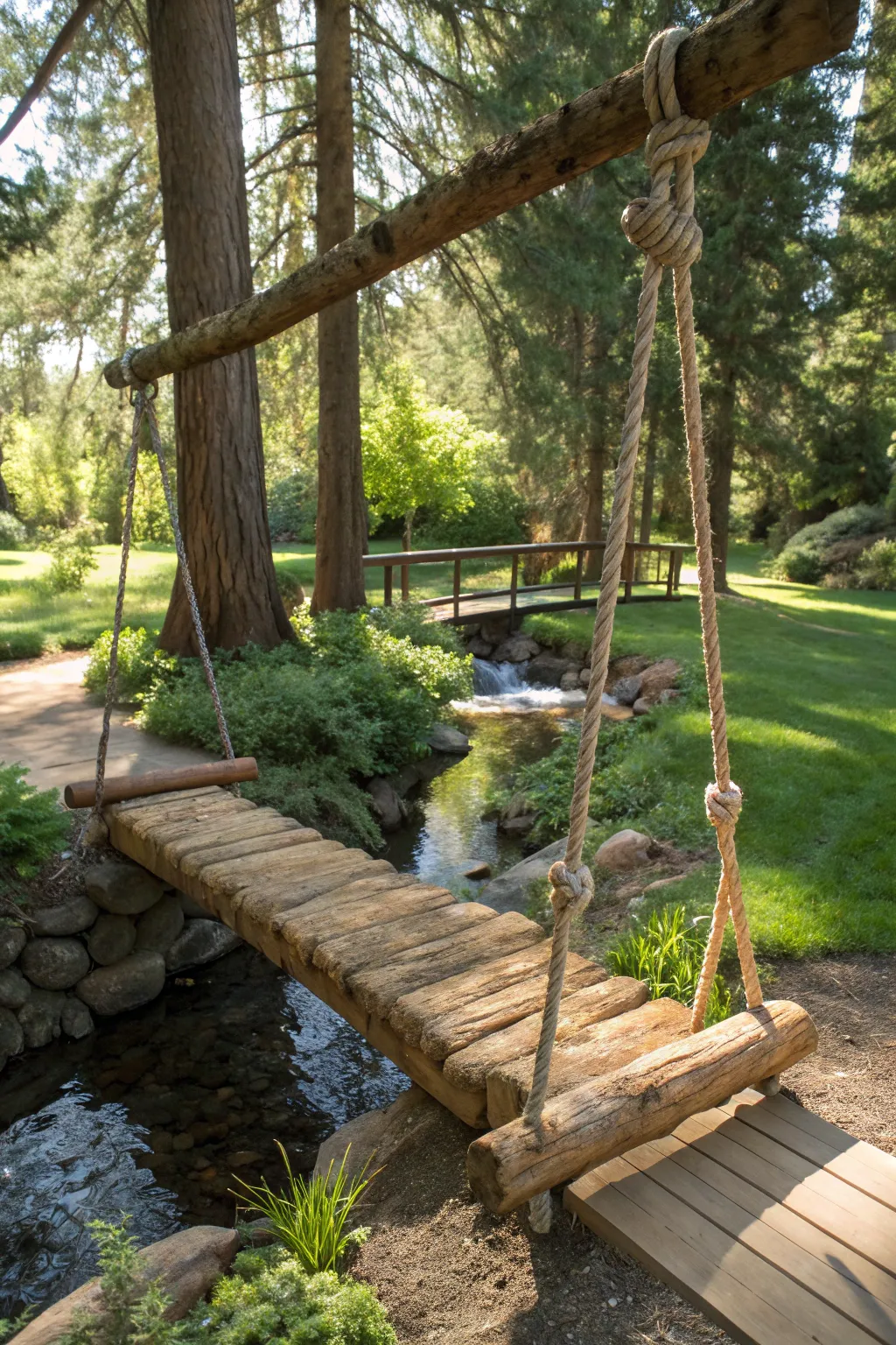 Experience the blend of craftsmanship and play: A log bridge with a rope swing over a serene creek.