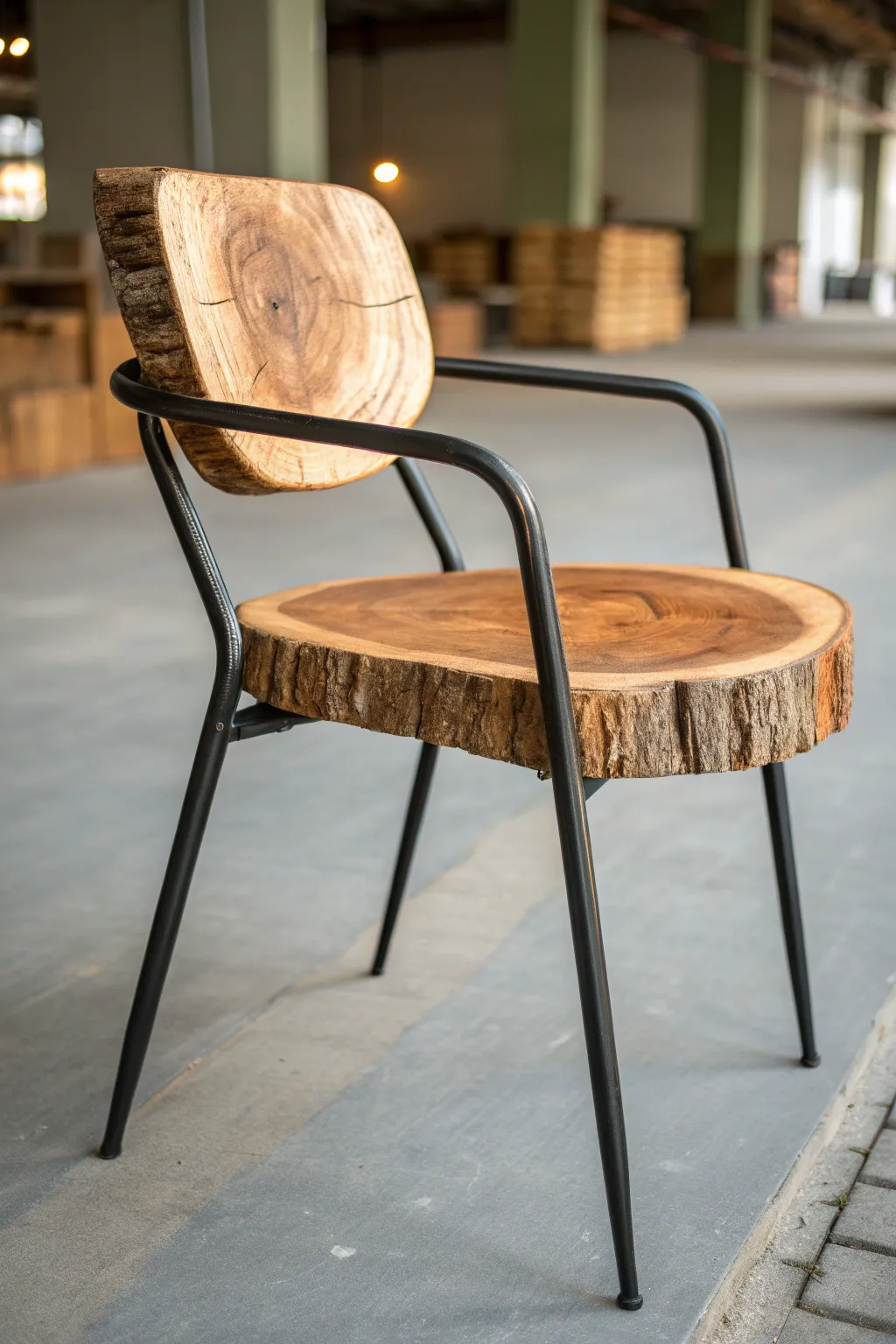 Elevate your space with a log and metal chair, where nature meets industry in perfect harmony.