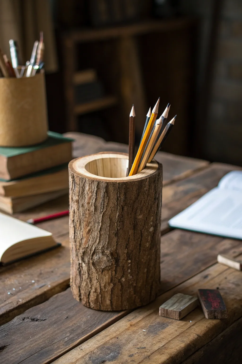 Elevate your workspace with rustic charm: a handcrafted log pencil holder.