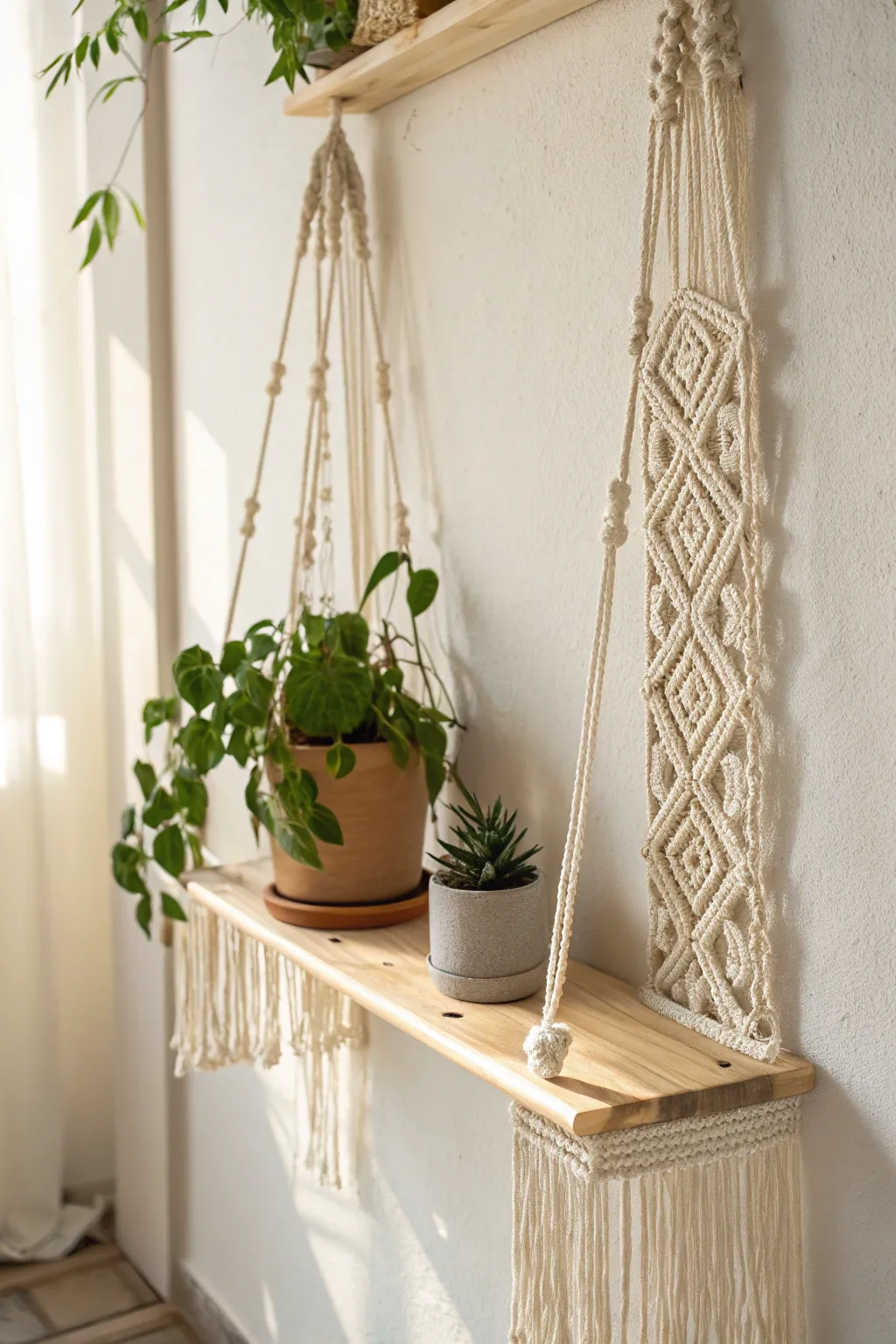 Elevate your space with the charm of handcrafted macrame hanging shelves.
