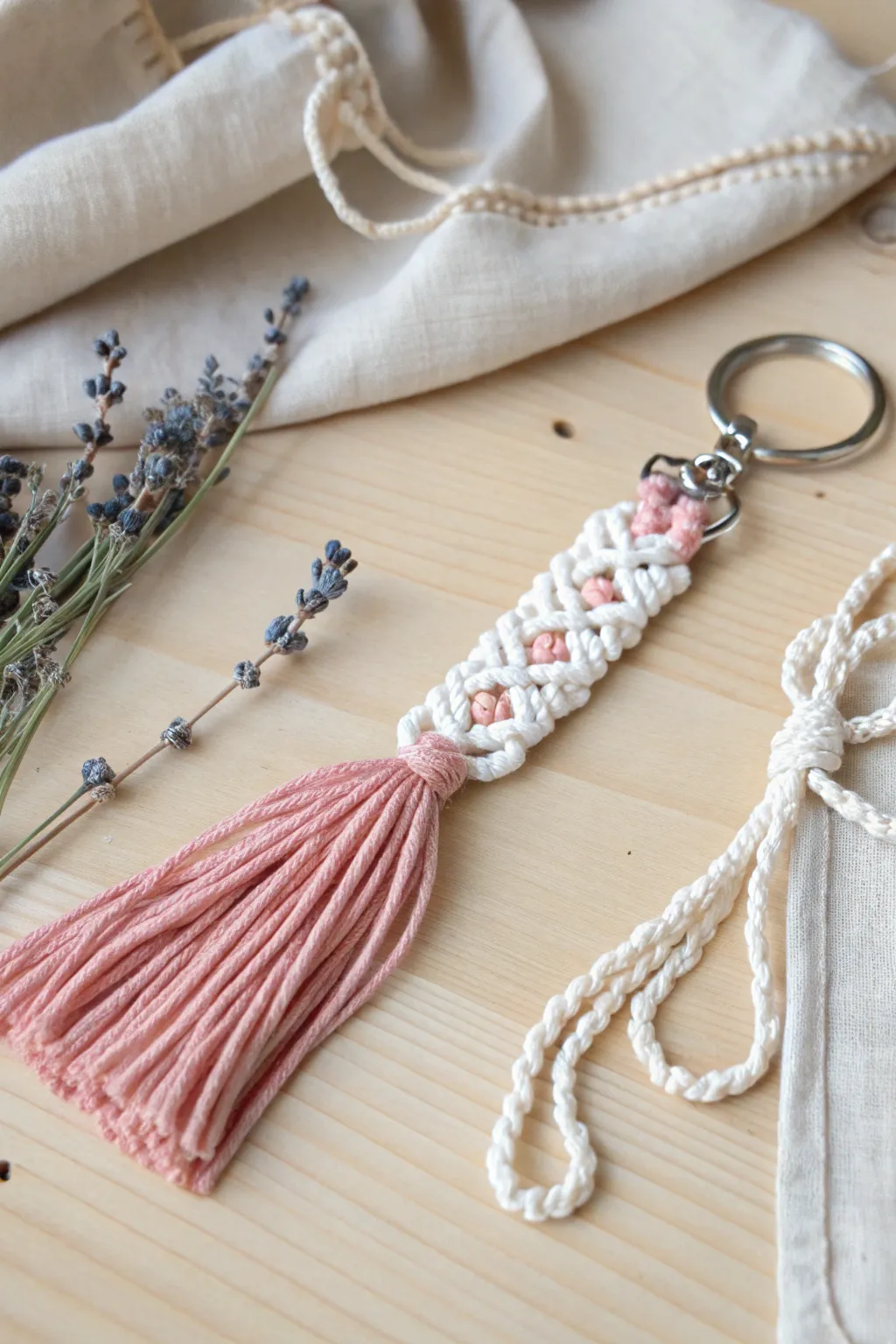 Add a touch of elegance to your keys with this beautifully crafted two-tone macrame keychain.