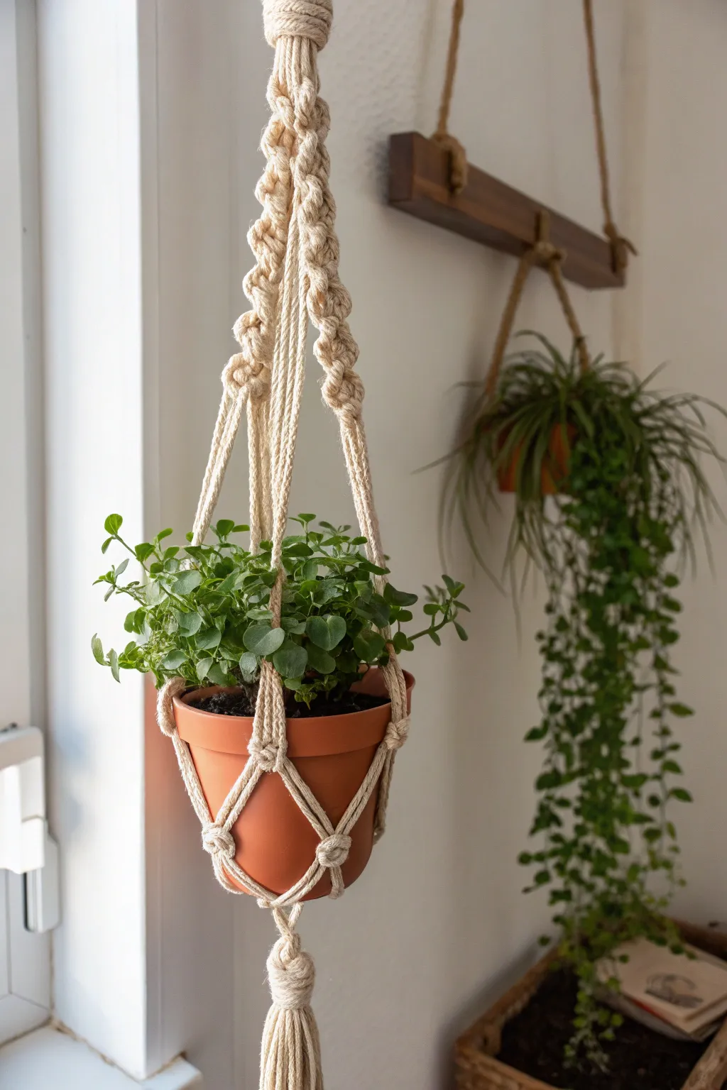 Elevate your space with the artful twist and turn of a macrame plant hanger.